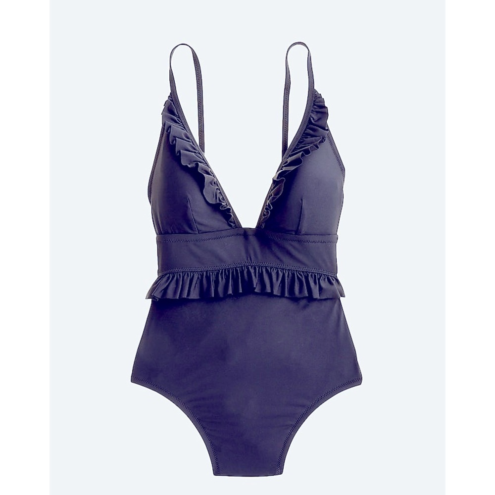 J. Crew Ruffle Deep-V One-Piece Swimsuit Navy 2